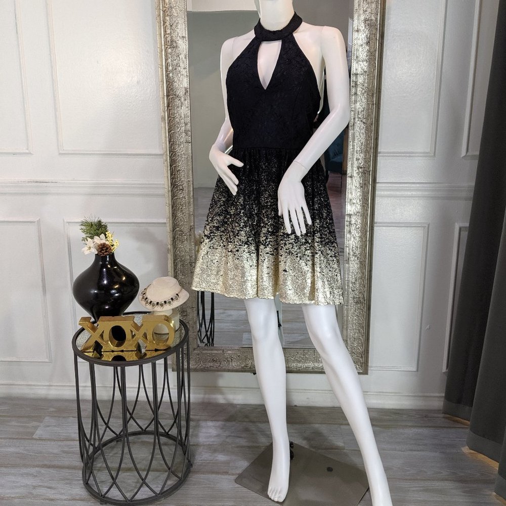 Navy Blue and Gold Cocktail Homecoming Dress